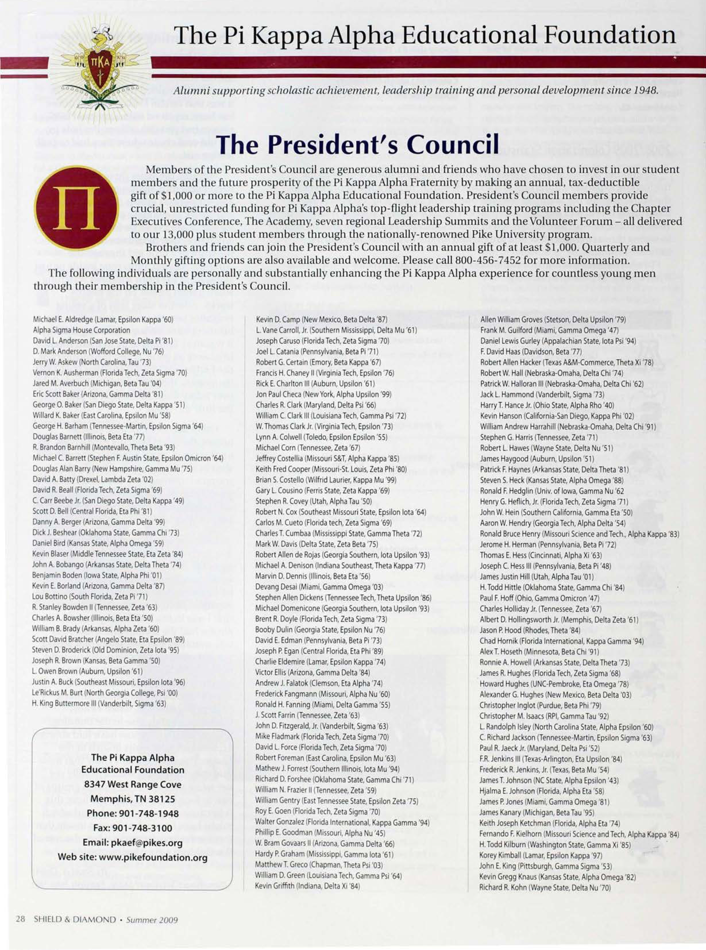 The Pi Kappa Alpha Educational Foundation: the President's Council, Summer 2009